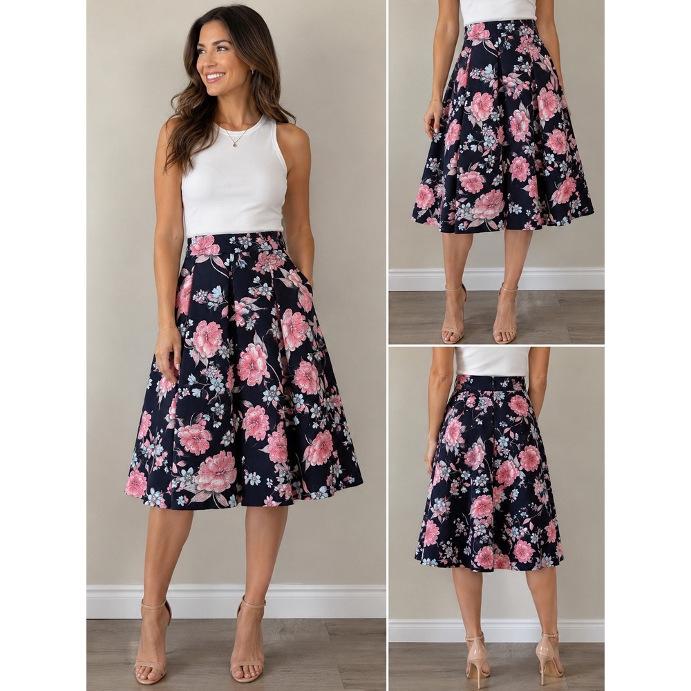 Eliza J Navy Blue Pink Floral Fit And Flare Pleated A-Line Midi Skirt Size 6